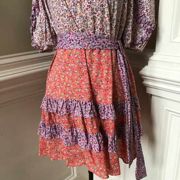 Ann Taylor Floral Fit & Flare Dress Womens 6 Orange Purple Crew Neck Mini Ruffle - Picture 7 of 13